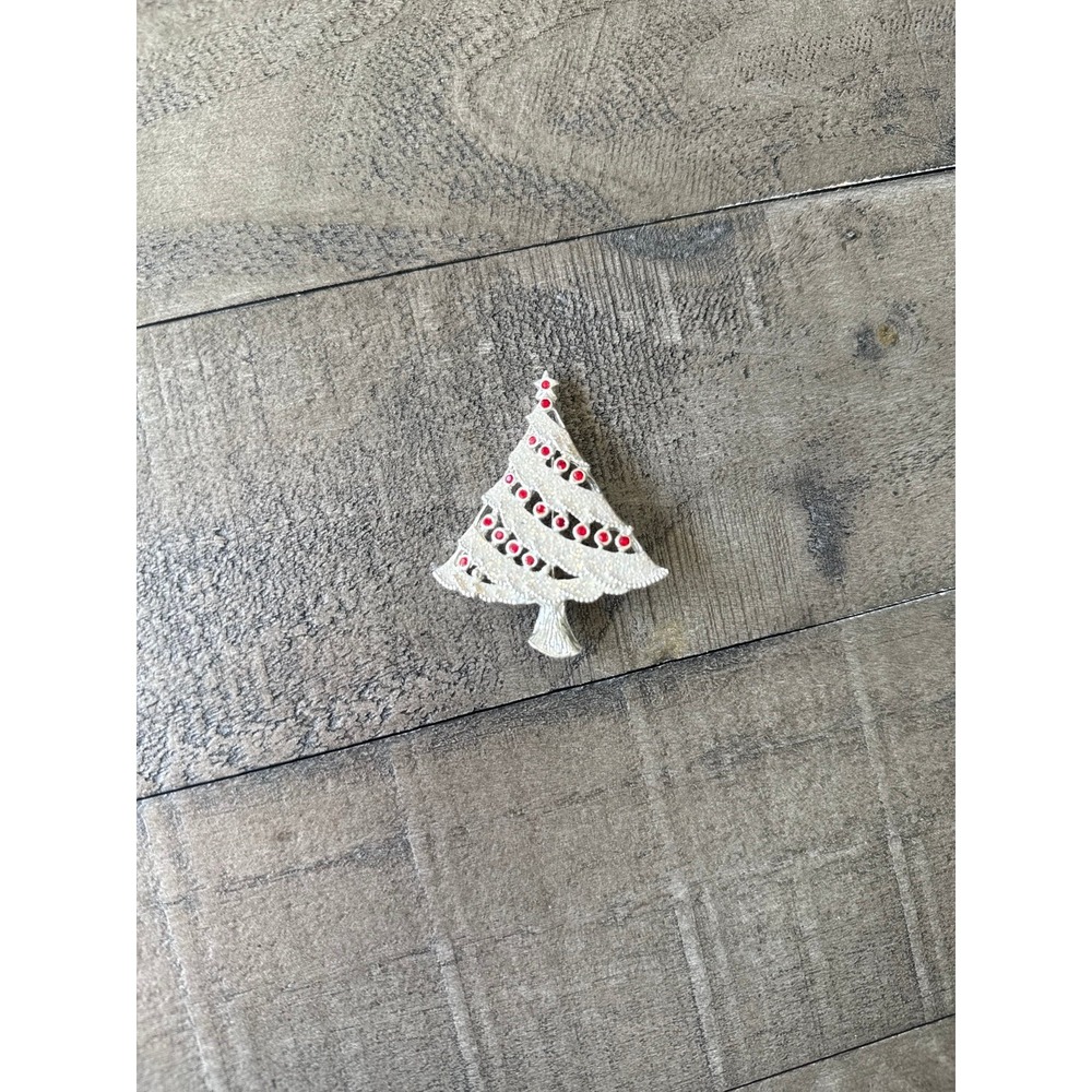 Silver Christmas Tree Lace Applique Red Rhinestone Brooch